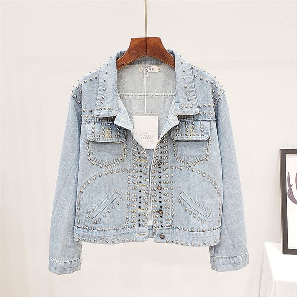 

jacket korean fashion heavy work rivet denim women outerwear streetwear casual loose lapel long sleeve short jeans jacket coat, Black;brown