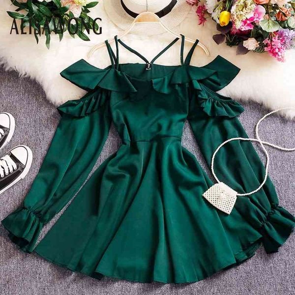 

spring fahsion women off the shoulder hollowing out strapless dress ladies puff sleeve spaghetti strap slim dresses 201025, Black;gray