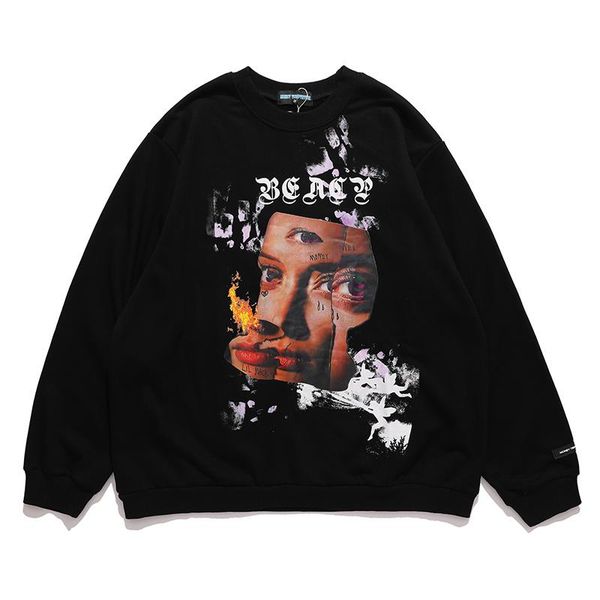 

men's hoodies & sweatshirts hip hop female eyes and mouths print vieb style crew neck mens woemns oversize harajuku casual autumn, Black