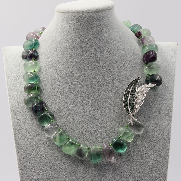 

guaiguai jewelry natural mix color fluorite necklace cz pave feather brooch connetor gold cz clasp handmade for women, Silver