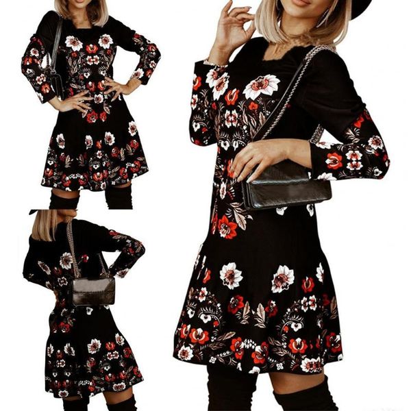

casual dresses sweet christmas dress o neck warm breathable long sleeve floral, Black;gray