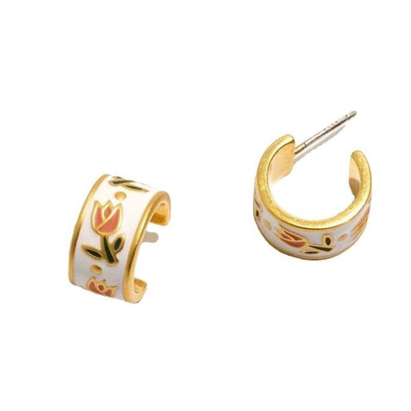 

stud fashion simple vintage enamel court style tulip flower elegant copper real gold plated earrings women jewelry y58, Golden;silver