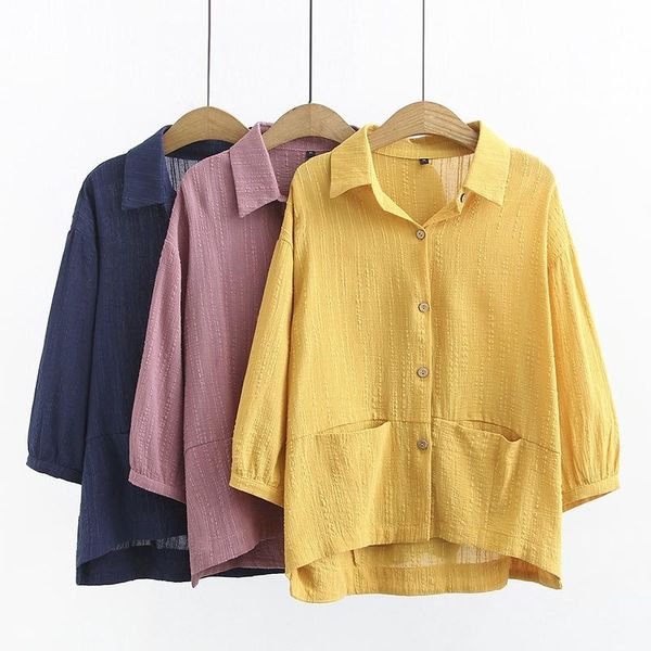 

women's blouses & shirts plus size button up blouse 3/4 sleeve summer linen workwear blusas solid large, White