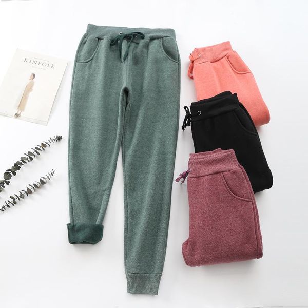 

style plush warm sports casual pants women's korean version 8-color pure colored cotton closed leg guard & capris, Black;white