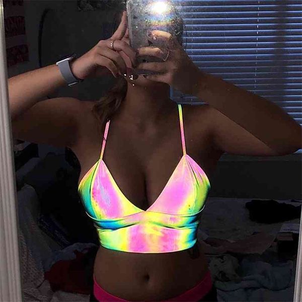 Scollo a V Sexy riflettente Laser Crop Top Backless Holographic Bralette Strap Camis Fashion Summer Party Club Short 210517