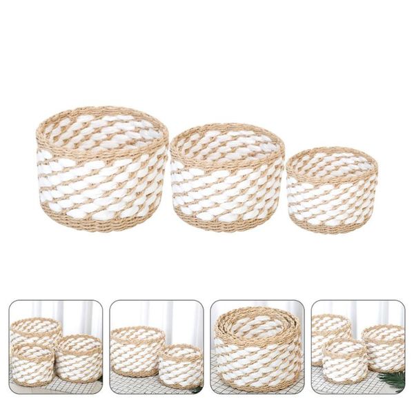 

storage baskets 3pcs cloth sundries basket woven stuffs organizer straw (khaki)