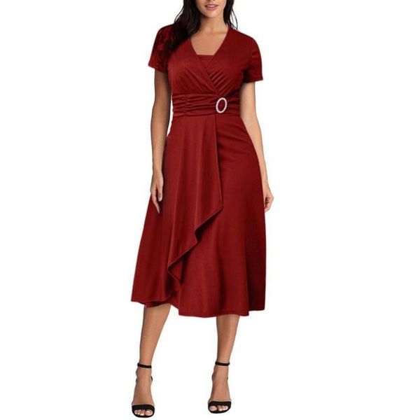 

casual dresses elegant midi women formal dress plus size 3xl 4xl 5xl irregular ruffle hem pleated sukienka ruched high waist a line, Black;gray