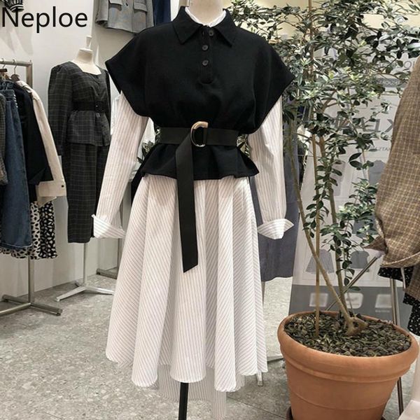 

two piece dress neploe temperament 2 pcs women set striped mid long shirt + slim waist belt button vest autumn spring conjuntos 47620, White