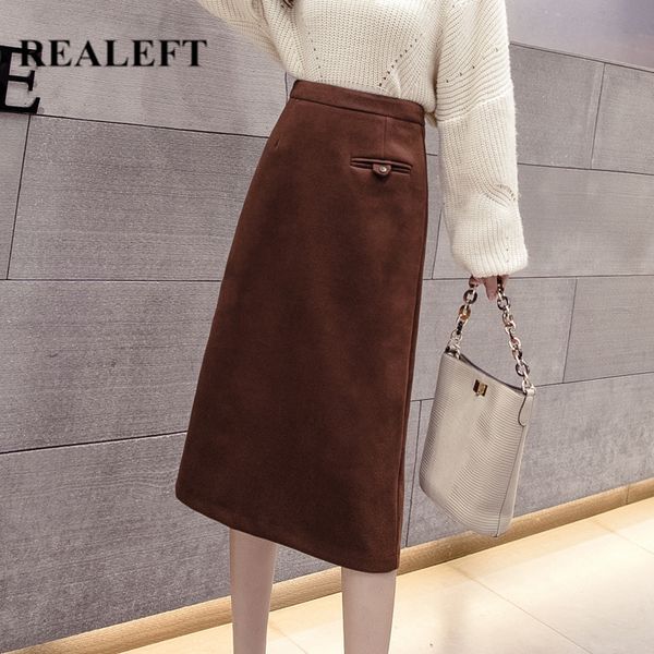 

winter women midi skirts korean style button high waist solid color woolen women's a-line female 210428, Black