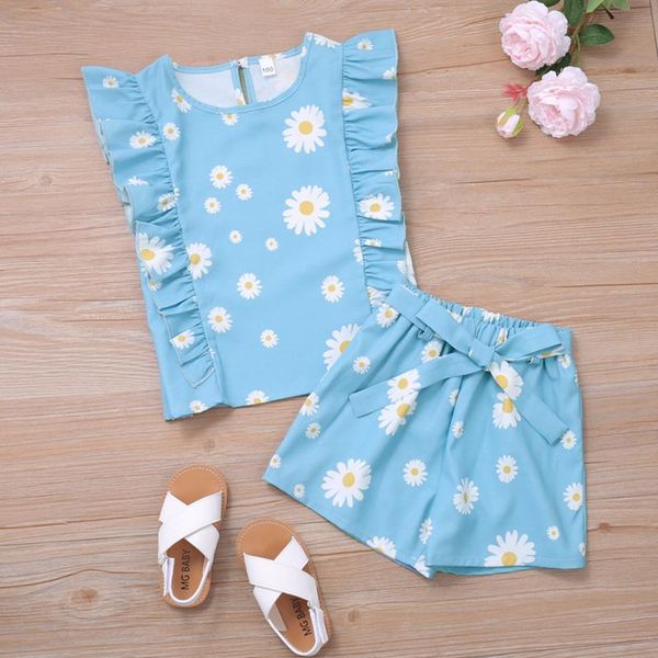 

girls casual two-piece clothes set, blue sleeveless floral printed pattern round collar + shorts clothing sets, White