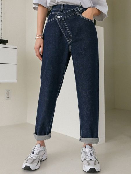 

dazy asymmetrical waist raw hem stitching straight leg jeans 498r#, Blue