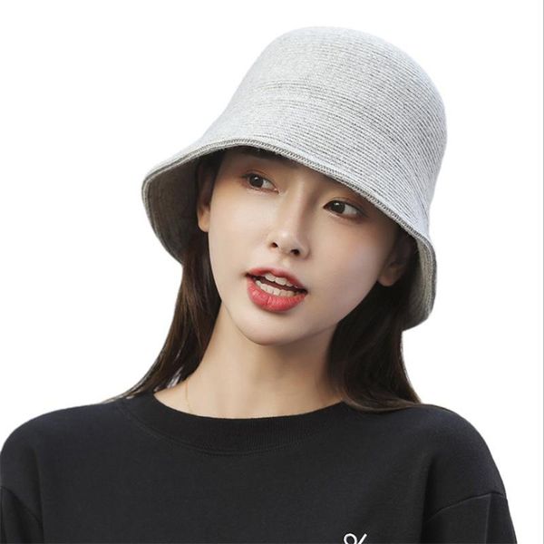 

wide brim hats women dome knitted bucket hat thickened warm autumn winter for korean wool lady panama outdoor fisherman, Blue;gray