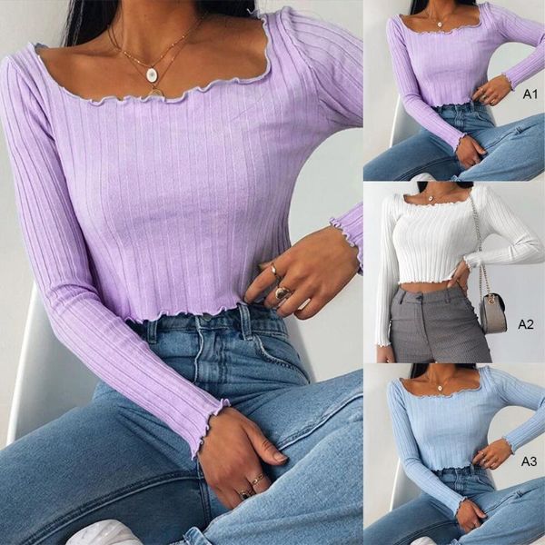 

women's t-shirt y2k fashion autumn e girl knitted long sleeve solid short frill casual cotton spring t shirt crop, White
