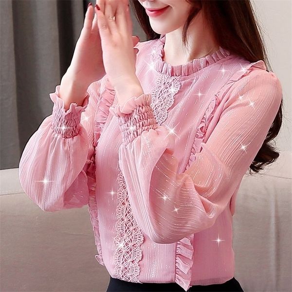 

spring autumn new women's chiffon blouse fashion lace thin ear shirt female loose with diamond clothing 220311, White