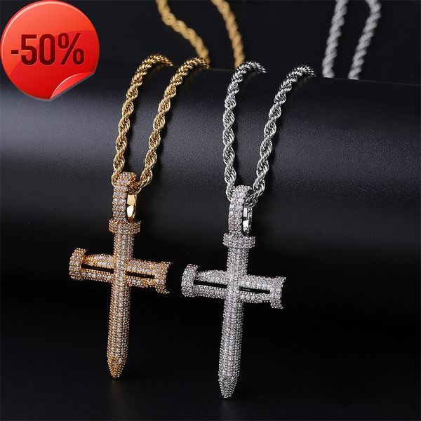 

nail shaped cross with zircon men's hiphop pendant, Silver