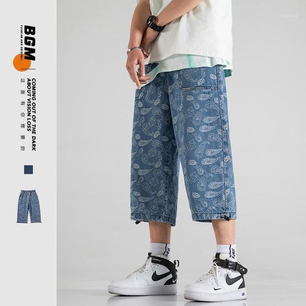 

summer men denim trousers japanese style large size cashew flower print jean cropped pants men's, Black