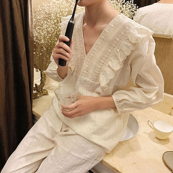 

2 colors women lolita flower embroidery lace v neck pajama sets.vintage lady princess pyjamas set.sleep loungewear nightclothes, Black;red