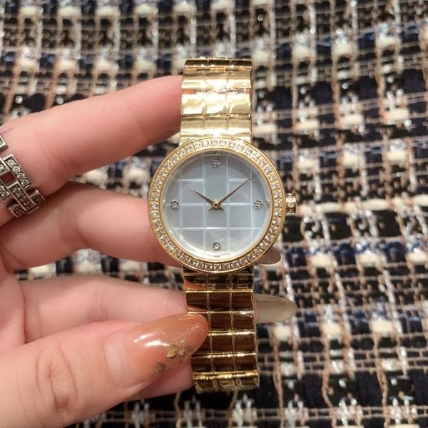 

wristwatches round 4 diamond watch quartz female grid pattern mother of pearl shell dial full cz clock sign name wristwatch, Slivery;brown