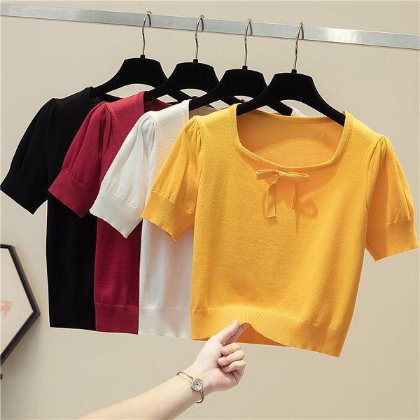 

women's t-shirt ljsxls 2021 short sleeve women knitted bow tshirts solid casual summer kawaii square collar yellow tee shirt femme, White