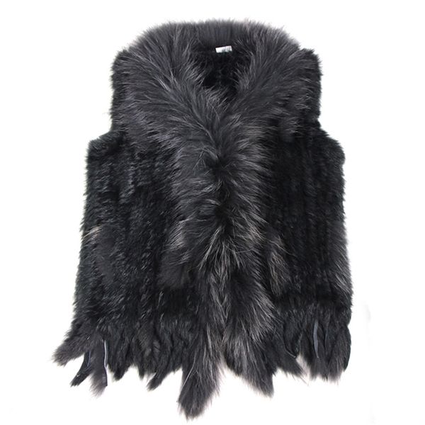 

retail/wholesale raccoon dog fur collar trim women knitted natural rabbit fur vest gilet/waistcoat 211022, Black