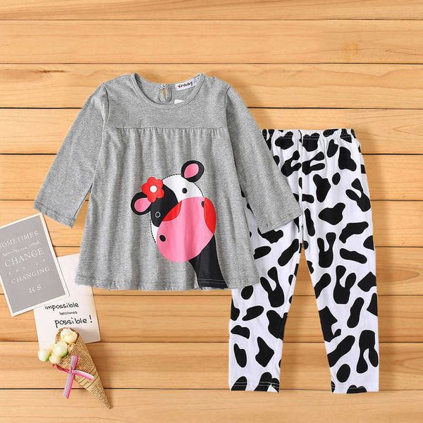 Meninas de bebê manga comprida pijama conjunto de algodão com apertado 2 pcs roupas casuais para crianças Animal impressão Outfit 210529