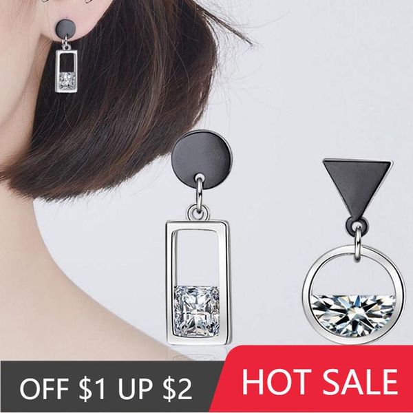 

stud popacc 925 sterling silver earrings spring water zircon gun black color circle square asymmetric tassel, Golden;silver