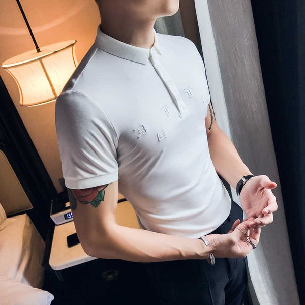 

embroidery polo shirts men short sleeve slim fit casual shirt solid color business office social lapel men's clothing 210527, White;black