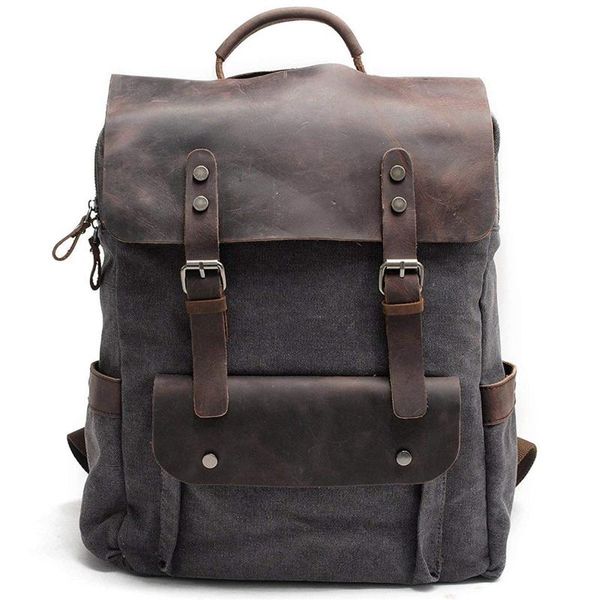 

backpack men leather canvas rucksack lapcollege school bookbag(dark gray)