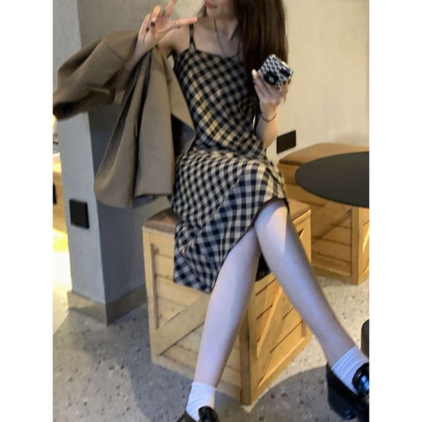 

version autumn style feminine design sense xiao numerous plaid suspender, White;black