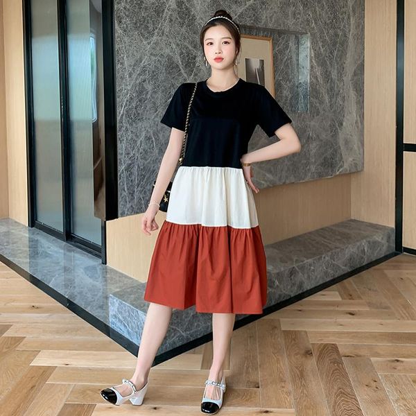 

summer fashion pregnant women breastfeeding dress loose o-neck nursing block color cotton patchwork lactation clothes maternity dresses, White