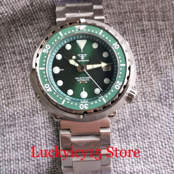 

wristwatches tandorio 200m diver japan nh35a men watch green dial automatic wristwatch luminous index unidirectional bezel flat sapphire, Slivery;brown