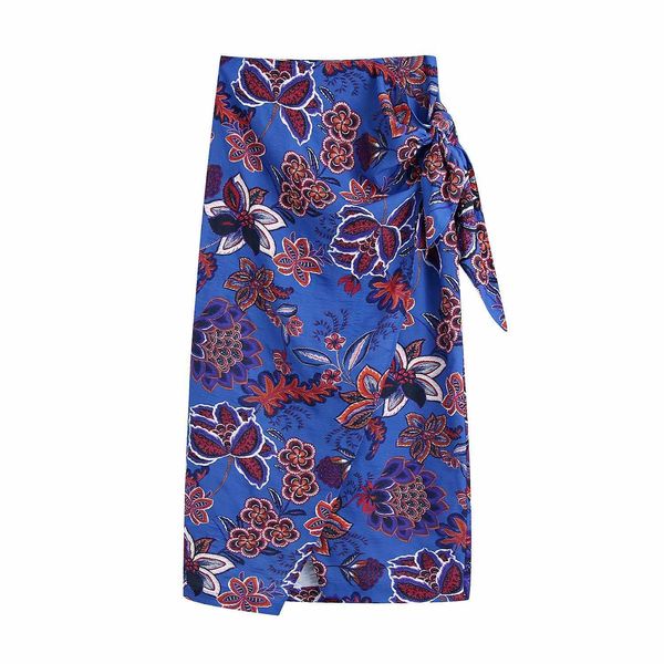 

women vintage floral printed midi skirt with knot high-waist slit elegant chic lady wrap skirts woman jupe 210709, Black