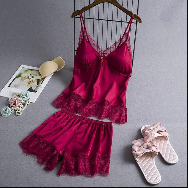 

daeyard pyjamas summer silk pajamas womens sleepwears set cami and shorts with lace trim lingerie casual suits, Black;red