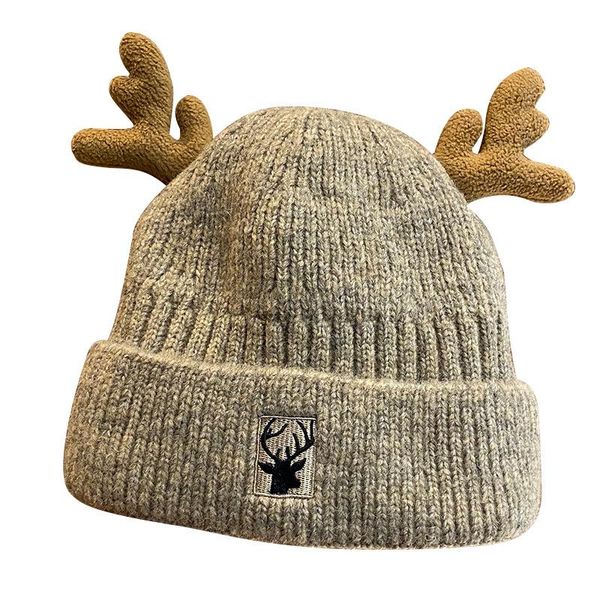 

beanies hat women's autumn and winter cute antler wool fashion plus velvet thickening warm ear protection knitted pullover ca