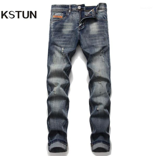 

men's jeans moto & biker men ripped distressed slim fit stretch fashion trend european and american style male trousers, Blue