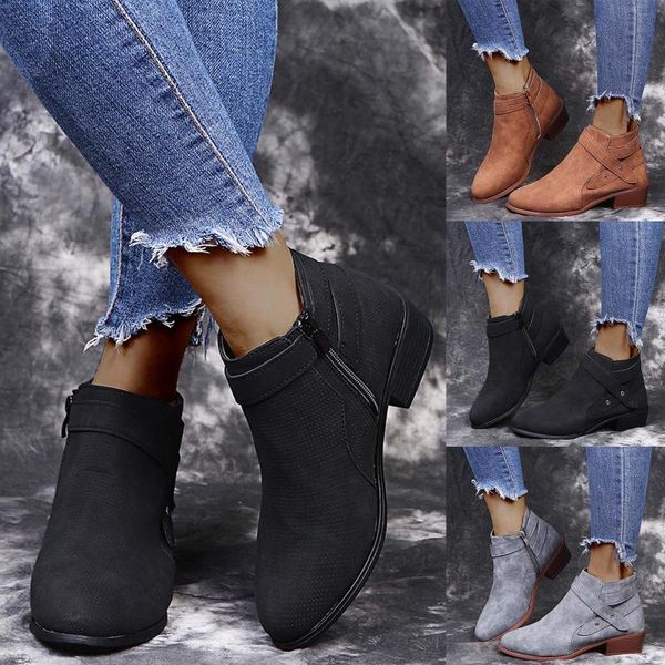 

boots retro women short ankle autumn leather square heel zipper solid color booties round toe female shoes 35-43 #40, Black