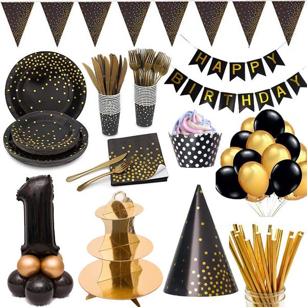 

black gold polka dot plate theme party girlfriend birthday supplies elegant disposable tableware wedding dinnerware
