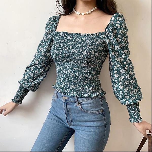 

womens shirt vintage square neck ruched woman blouses shirts puff sleeve floral print short female spring slim, White