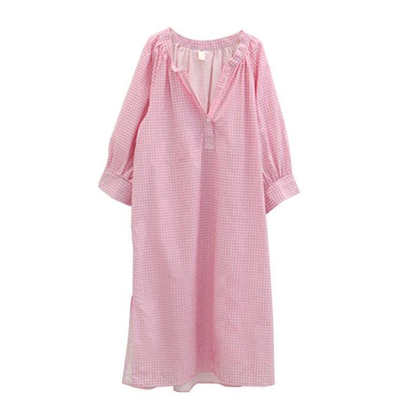 PERHAPS U Abito midi scozzese con maniche a 3/4 con scollo a V rosa blu allentato casual D0620 210529