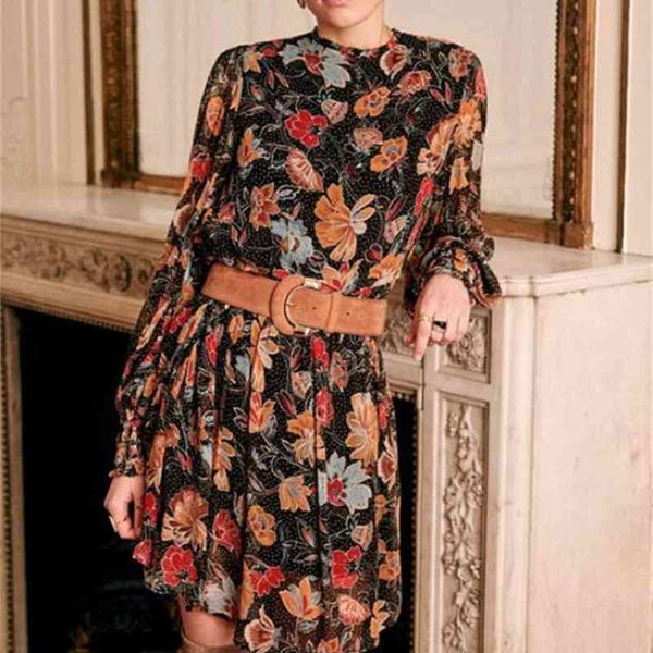 

dress spring / summer 2021 floral long sleeve high waist midi keap, Black;gray