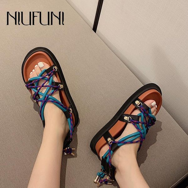 

sandals platform 2021 summer rope weave design flat shoes strange instep straps roman luminous casual women open toe, Black