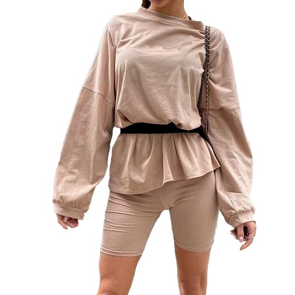 

casual solid women's two piece with belt summer fashion home solid color loose long sleeve t-shirt shorts female playsuits 210514, White