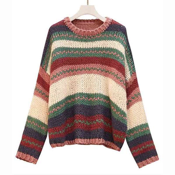Maglione da donna Pullover lavorato a maglia Manica lunga Arcobaleno a righe colorate O Collo Allentato Inverno Plus Size M0146 210514