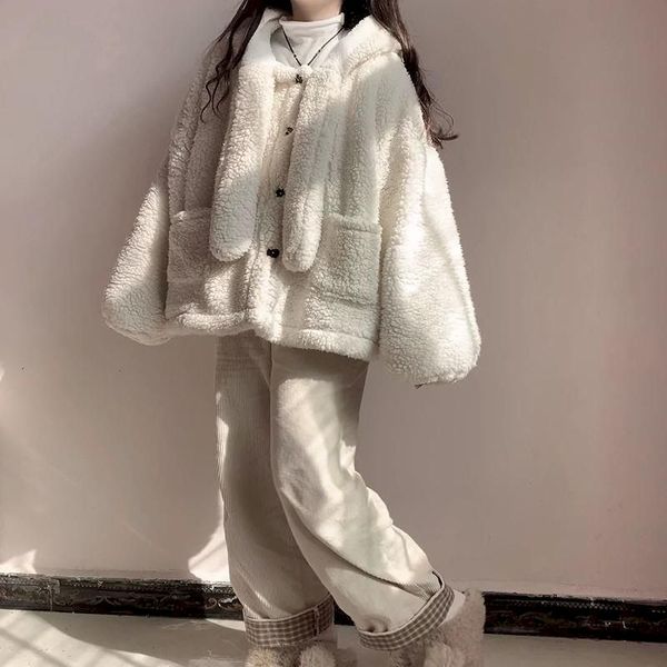 

autumn and winter suit female student korean style loose cute lamb wool coat + corduroy wide-leg pants two-piece trend harajuku, Black