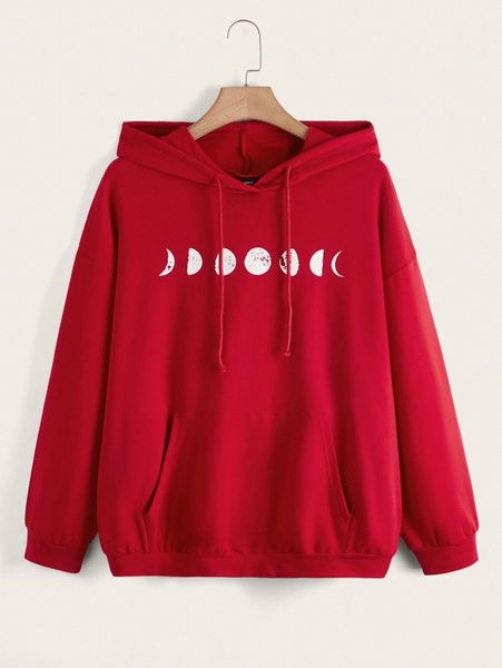 

plus drawstring detail pouch pocket moon print hoodie y1e1#, Black