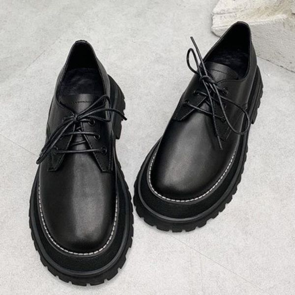 

black genuine leather pumps autumn brand round toe women shoes fashion lace up female dress