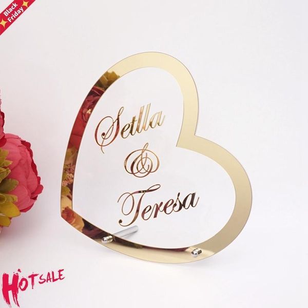 Kalp şekli özel isim düğün dekorasyonu akrilik ayna çerçevesi hoş geldiniz kelime işareti parti dekoru ile tırnak misafirleri iyilik hediye