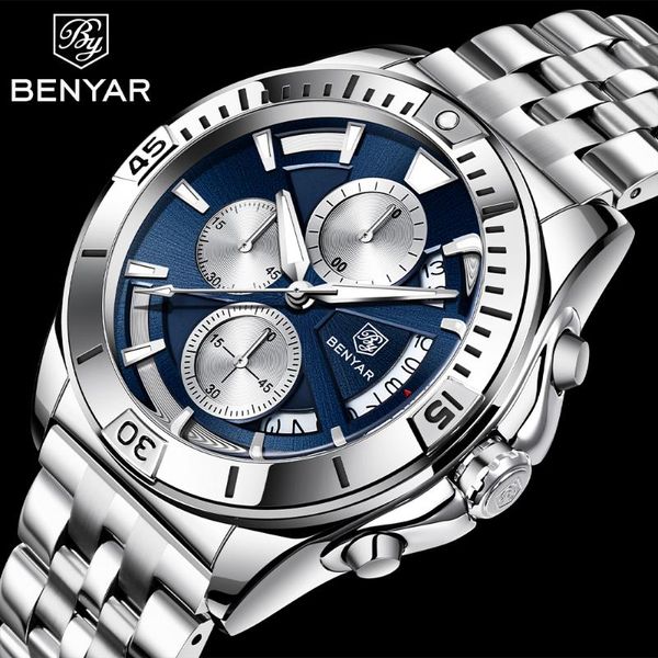 

wristwatches benyar luxury sports quartz watches stainless steel fashion men watch brand casual chronograph reloj hombre, Slivery;brown