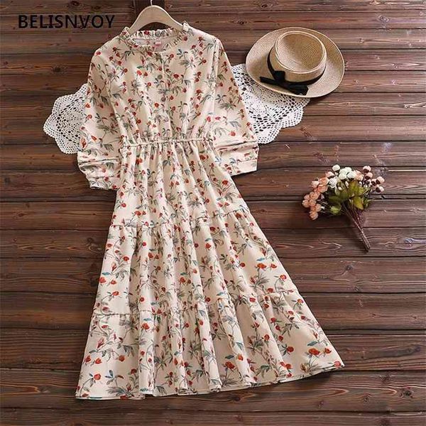 Japonês Mori Menina Primavera Outono Mulheres Midi Vestido Damasco Marinho Azul Floral Floral Impresso Vestidos Corduroy Elegante Chic Ruffles Dresse 210520