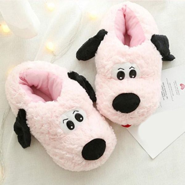 

slippers women warm home flat woman dog deer casual slip on ladies comfort short furry plush women's suede female shoes, Black